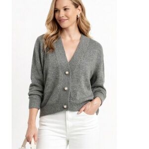 H&M Charcoal Soft V Neck 3 Button Cardigan Pearl Buttons Medium NWT